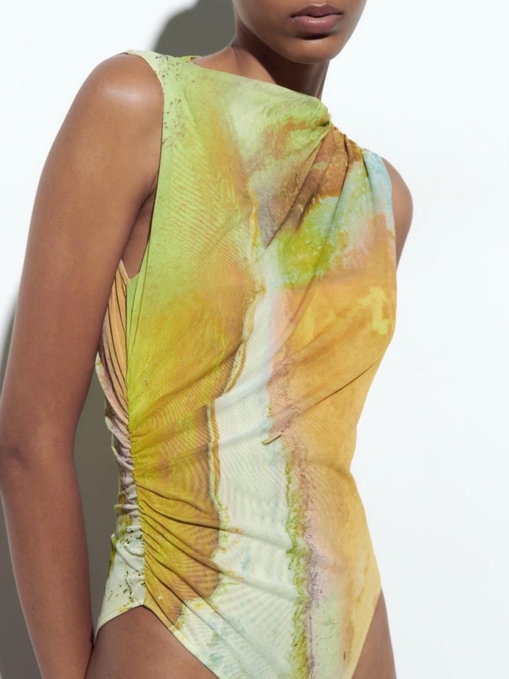 Zara Sleeveless Ruched Mesh Bodysuit in Yellow-Green Print